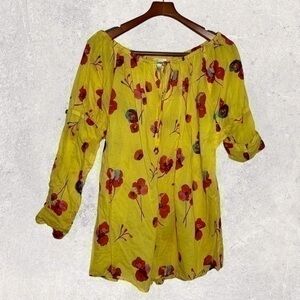 Finley, yellow and red poppy, lightweight cotton, long sleeve, roll tab blouse L